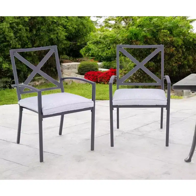 HomeRoots Set of Two Dark Gray Aluminum Outdoor Stacking Dining Chairs with Light Gray Cushion