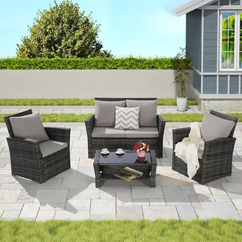 4-Piece Rattan Conversation Sofa Set with Glass Table