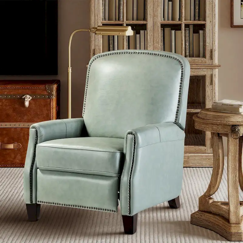 Modern Retro Genuine Leather Recliner with Nailhead Trim & Wooden Frame