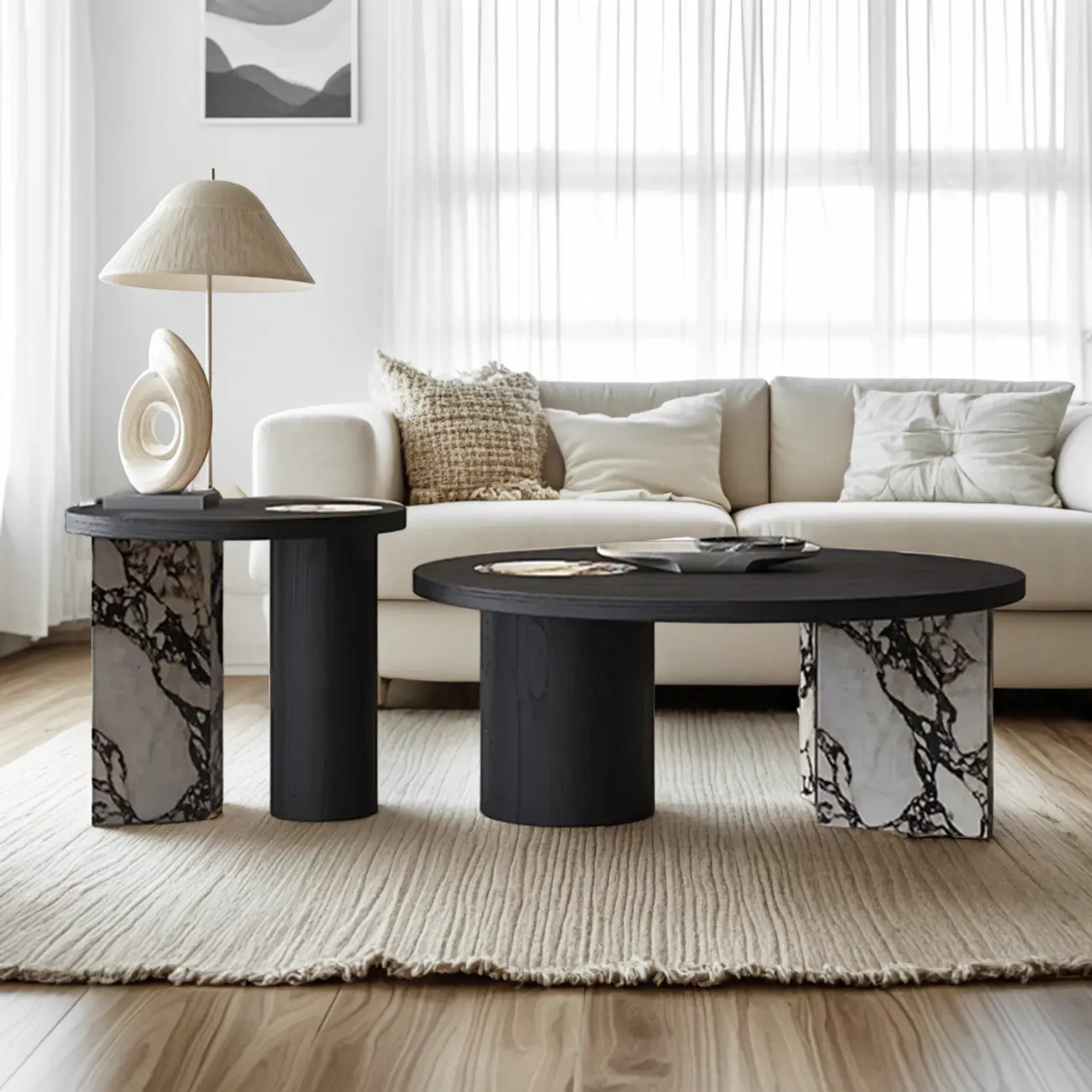 Black Round Modern Double Pedestal Wood Coffee Table