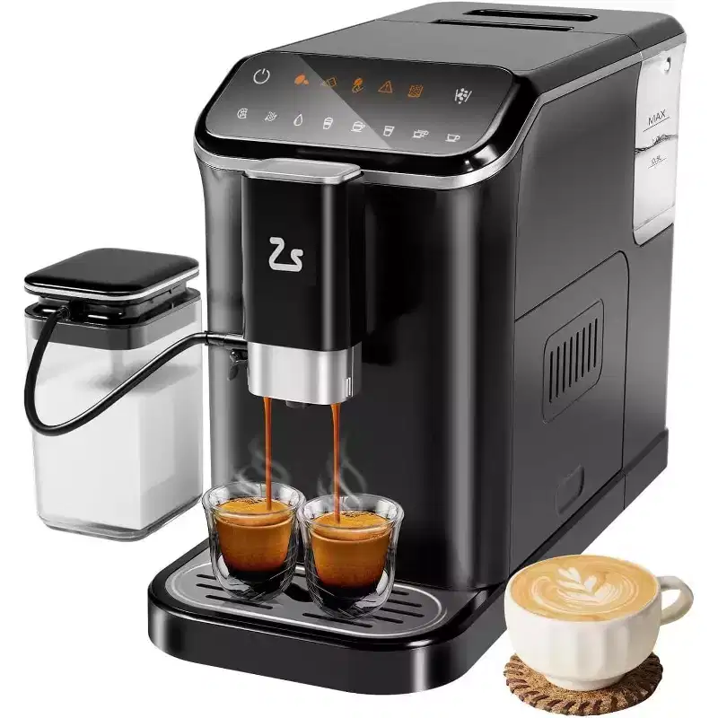 Acekool Fully Automatic Espresso Machine,20 Bar Pump, PID Temperature Control, Grinder  Milk Frother, 1.5L Tank, 5 Options, Touch Display, Black