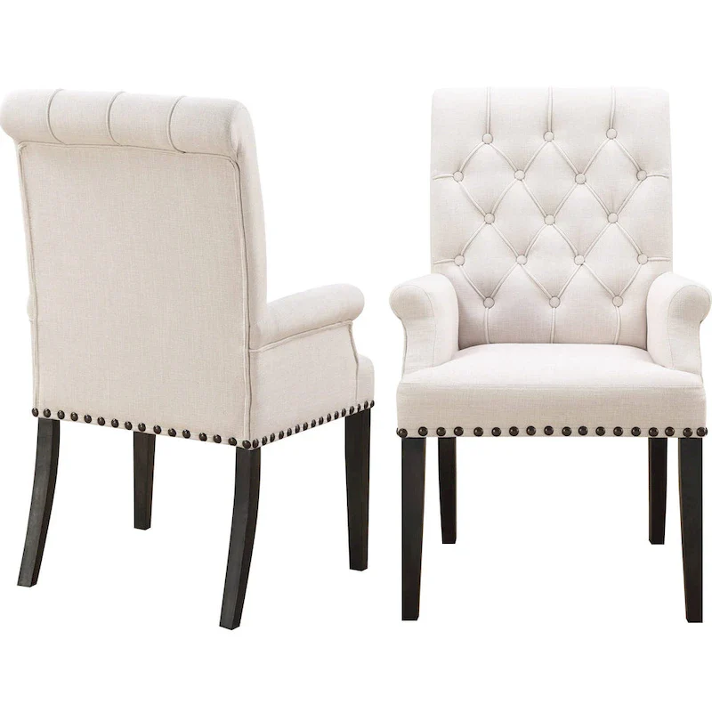 Rolled Back Design Button Tufted Beige Dining Arm Chair with Nailhead Trim