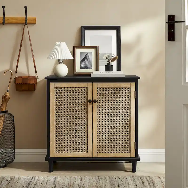 Natural Bamboo / Walnut Woven Rattan Accent Cabinet with Sliding or Standard Doors – Single Unit