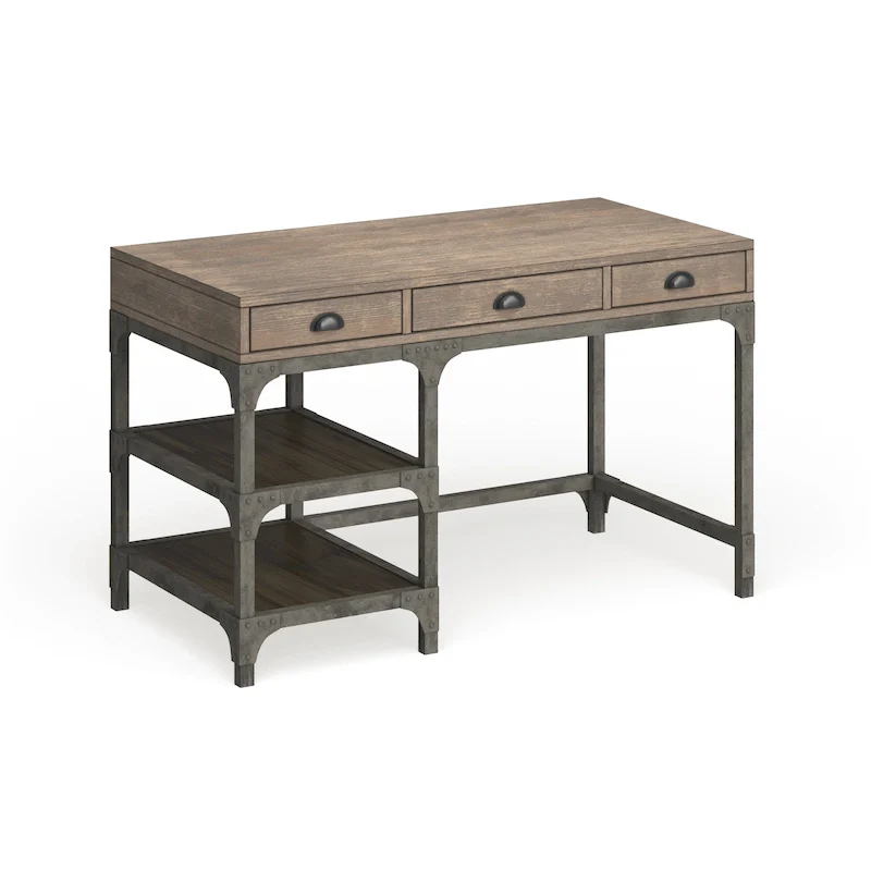 Weathered Oak & Antique Silver Writing Desk with 3 Drawers & 2-Tier Rack – Single