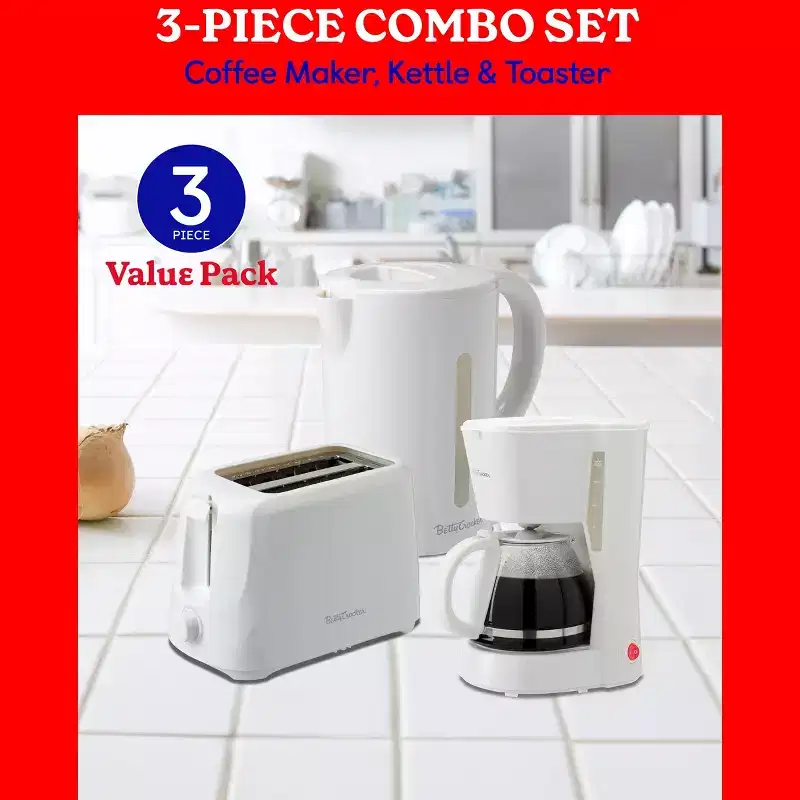 Betty Crocker 3-Piece Kitchen Appliances Set: 5-Cup Automatic Drip Coffee Maker, 1.7L Electric Kettle  2-Slice Toaster, BC-4995W, White