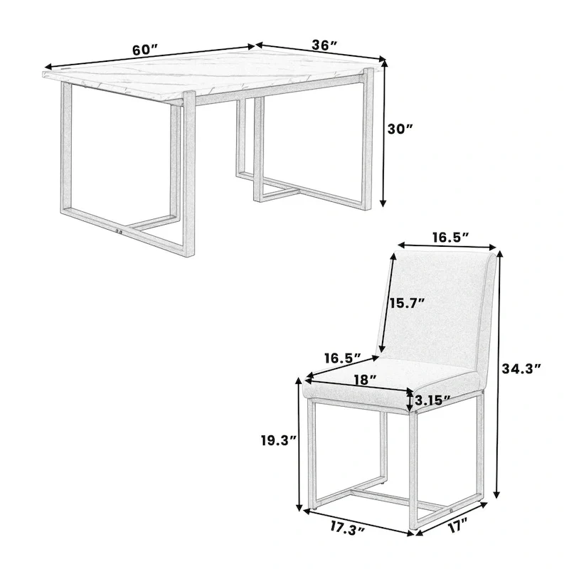 Modern Rectangular Dining Set - Faux Marble Table and 6 Upholstered Chairs