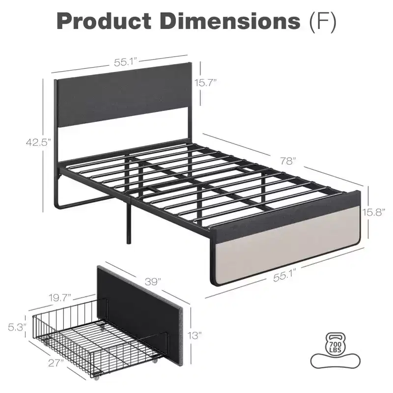 Bed Frame with Headboard and 2 Storage Drawers, Upholstered Platform Bed with 1000LB Capacity, No Box Spring Needed, Noise Free, Easy Assembly