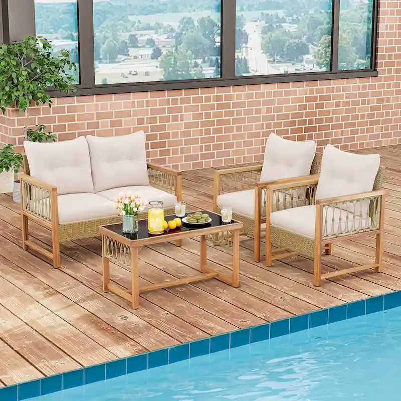 Costway 4 PCS Patio Furniture Set with Acacia Wood Frame Cushions and - See Details