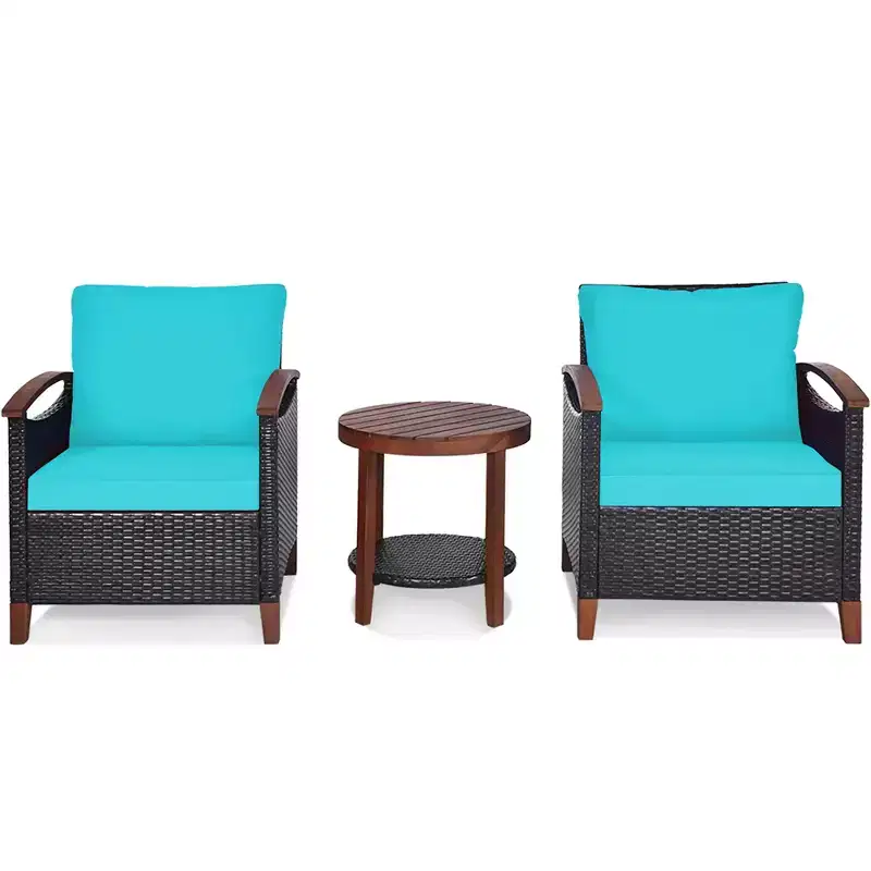 Costway 3PCS Patio Rattan Furniture Set Wooden Frame Cushion Table Shelf Red\Beige\Blue