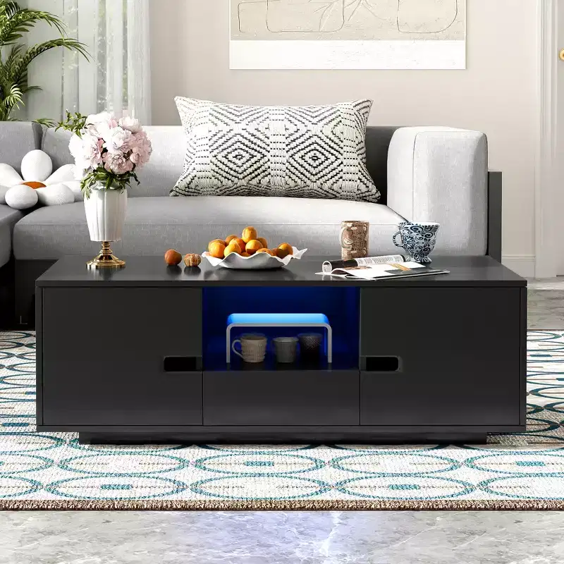 Modern High-Gloss Rectangular Coffee Table with Storage Space and 16-Color LED Lighting, Making it a Perfect Choice for Living Room Decorate