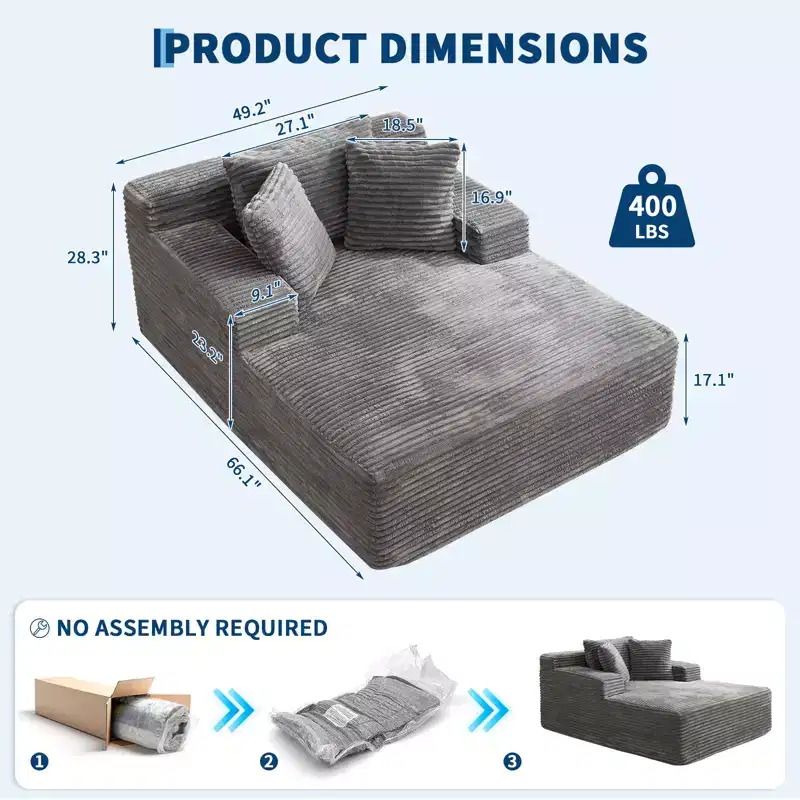 66x49 Chaise Lounge Indoor, Oversized Chaise Lounge Chair with 3 Throw Pillows, Corduroy Upholstered Plush Sofa Bed Lazy Chair Bed