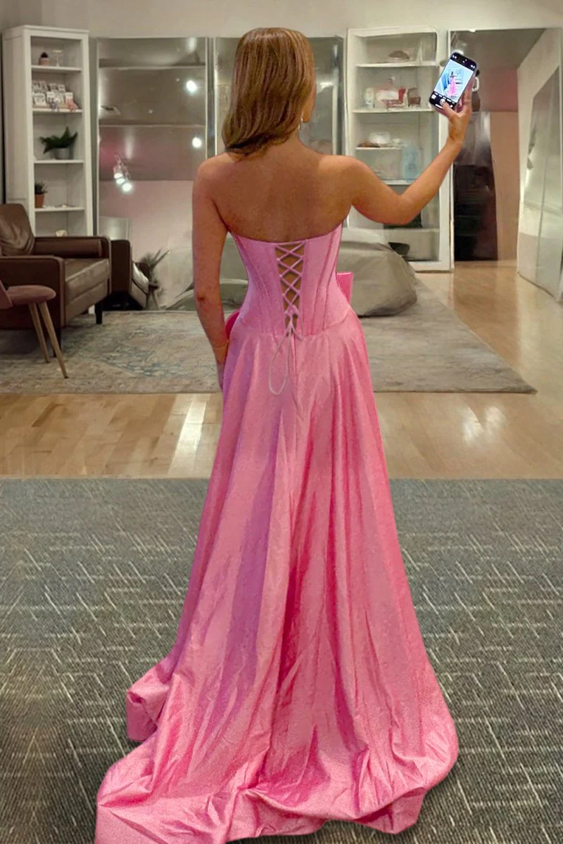 Pink - Strapless A Line Satin Pearl Long Formal Prom Dresses With Bow