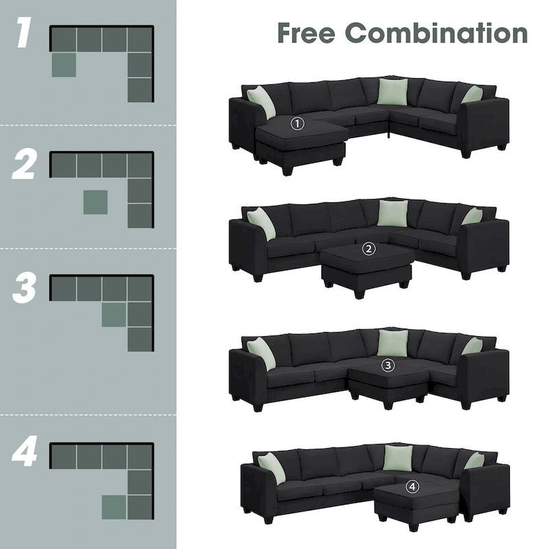 112-inch L-shaped 7-seat Modular Sectional Sofa with Ottoman and Three Pillows - 112W x 87D x 33H