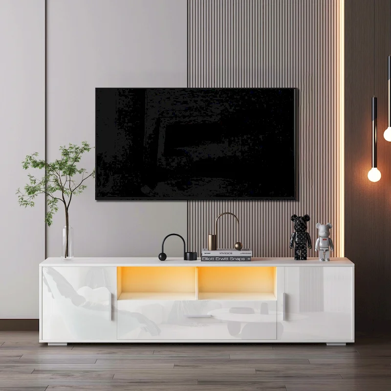 White 62.99 TV Stand with LED Lights, Cabinets, and Open Shelves for TVs Up to 65