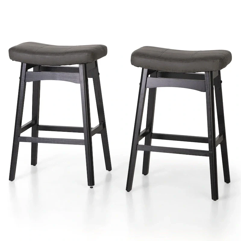 24 Inch Solid Wood Barstools with Linen / PU Leather Fabric Cushion, Set of 2