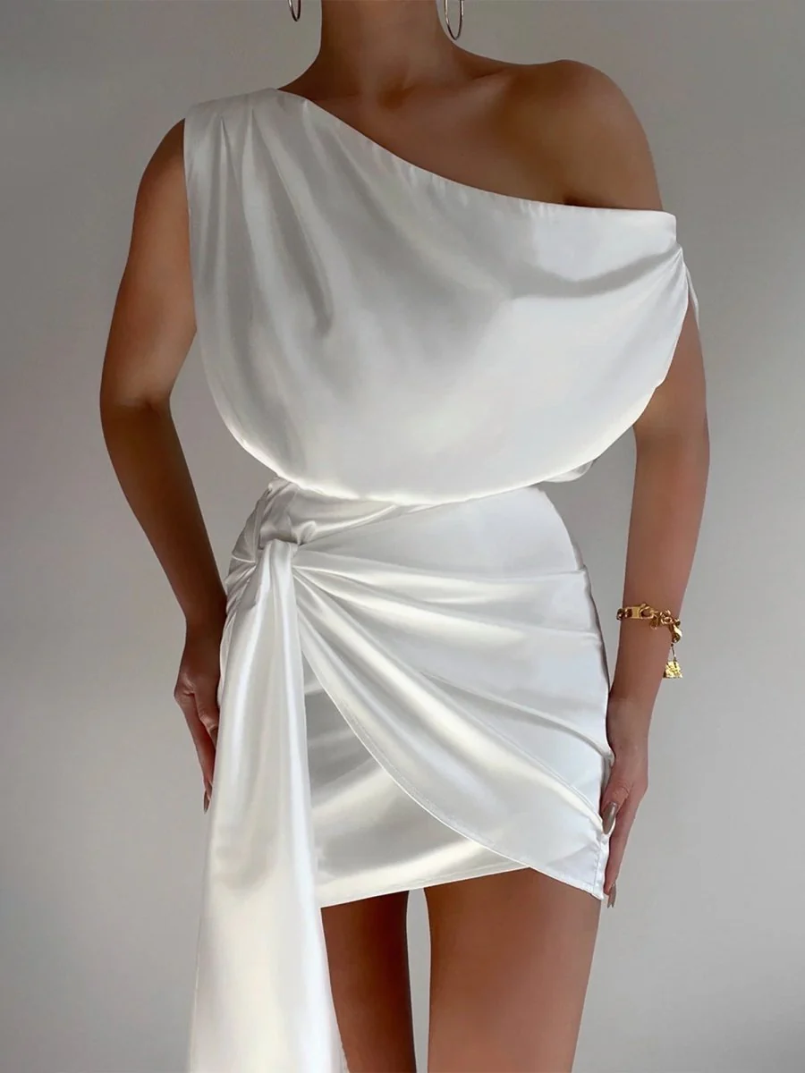 White - Sheath One Shoulder Satin Homecoming Dresses with Drape
