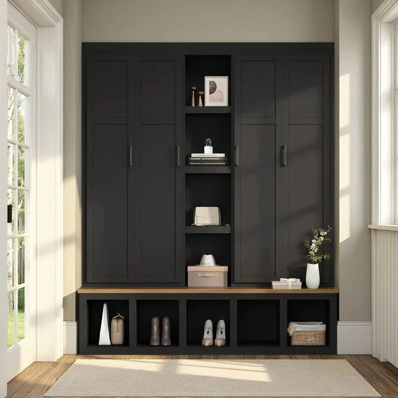 Hall Tree Storage Cabinet with 4/6 Hidden Hooks, Bench, and Open Compartments