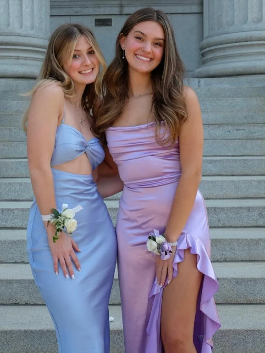 Lavender Mermaid Straps Cowl Neck Satin Long Prom Dress