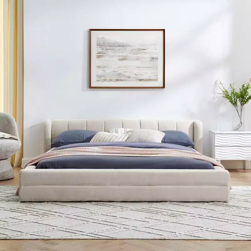 MAYEERTY Queen Size Upholstered Bed Frame with Thick Fabric Headboard Solid Frame for Bedroom Beige