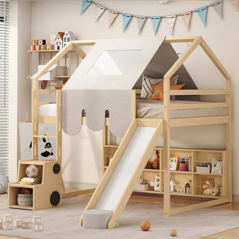 House-shaped Wooden Loft Bed with Tent, Slide, Ladder and Shelves