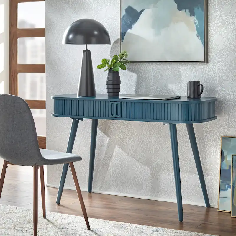 Midnight Blue MDF Mid-Century Modern Desk with Rounded Top, Tapered Legs and Sliding Hidden Storage – 1-Person