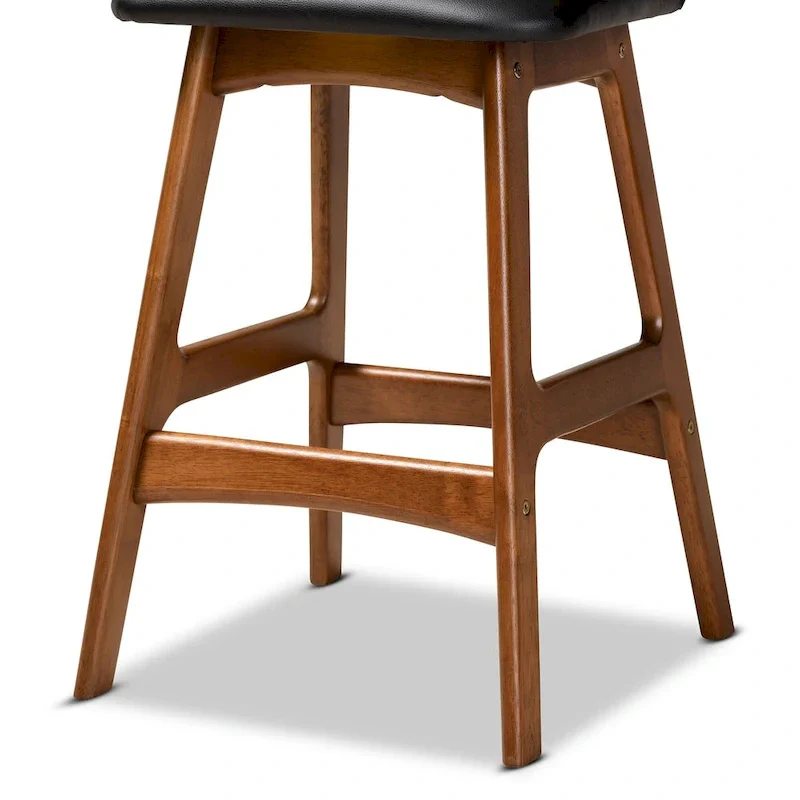Black Faux Leather Counter Stool - Walnut Brown Mid-Century Style