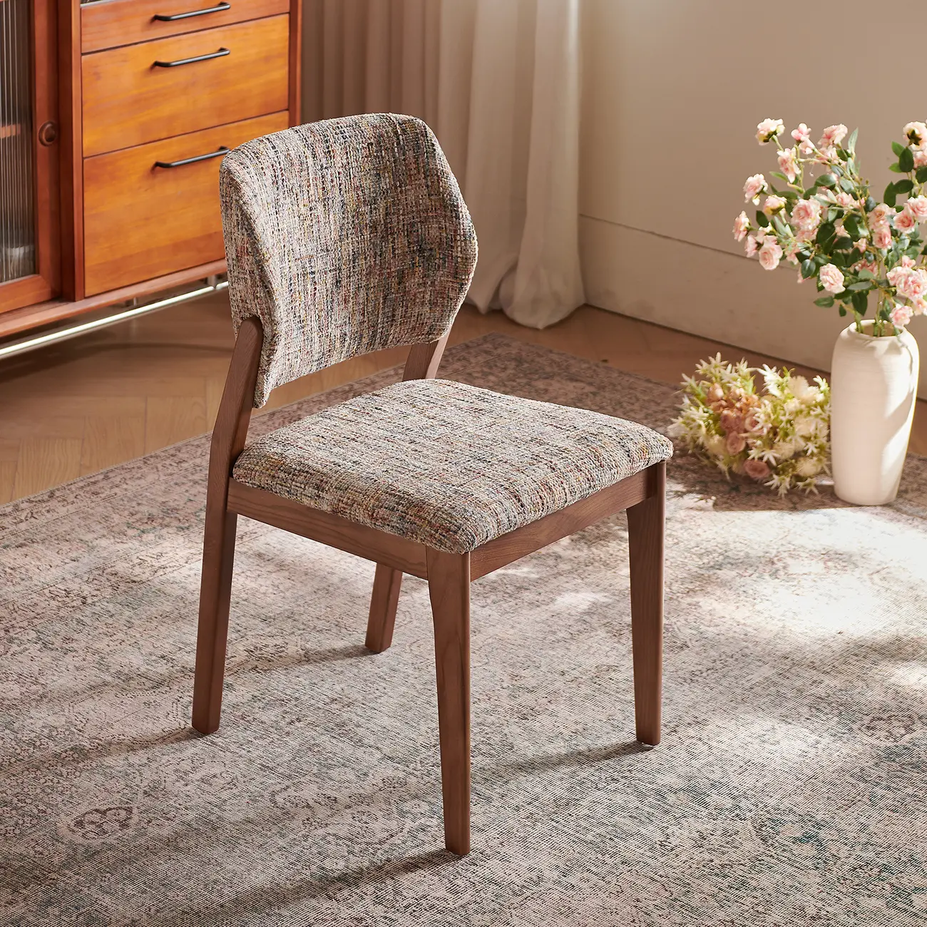 Mid Century Modern Wood Chenille Dining Chair Upholstery