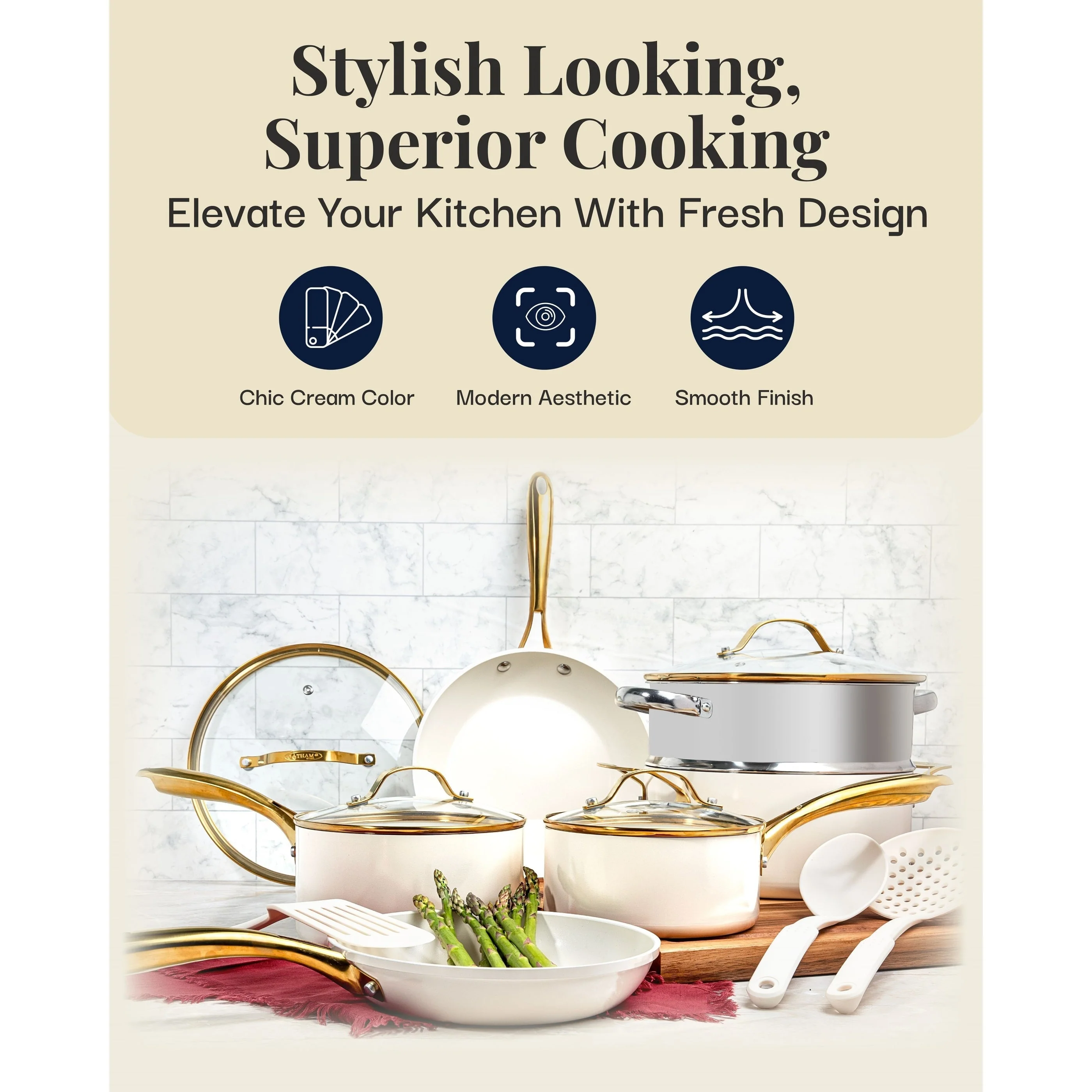 Gotham Steel Cream Pots and Pans 15 Piece Ultra Nonstick Ceramic Cookware Set with Utensils