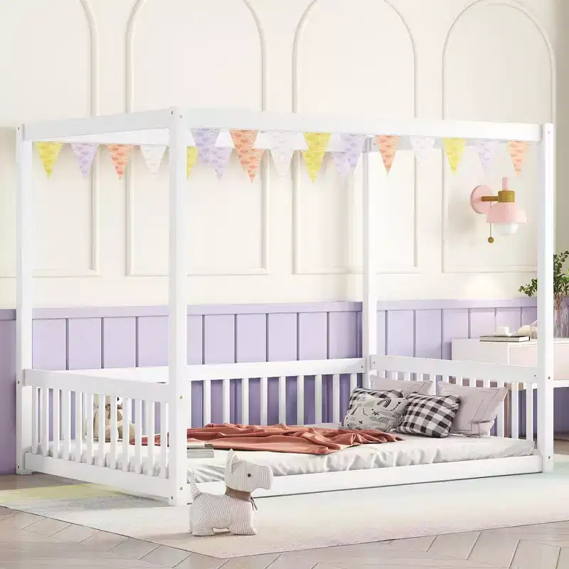 MAYEERTY Full Canopy Frame Floor Bed with Fence, Guardrails, White