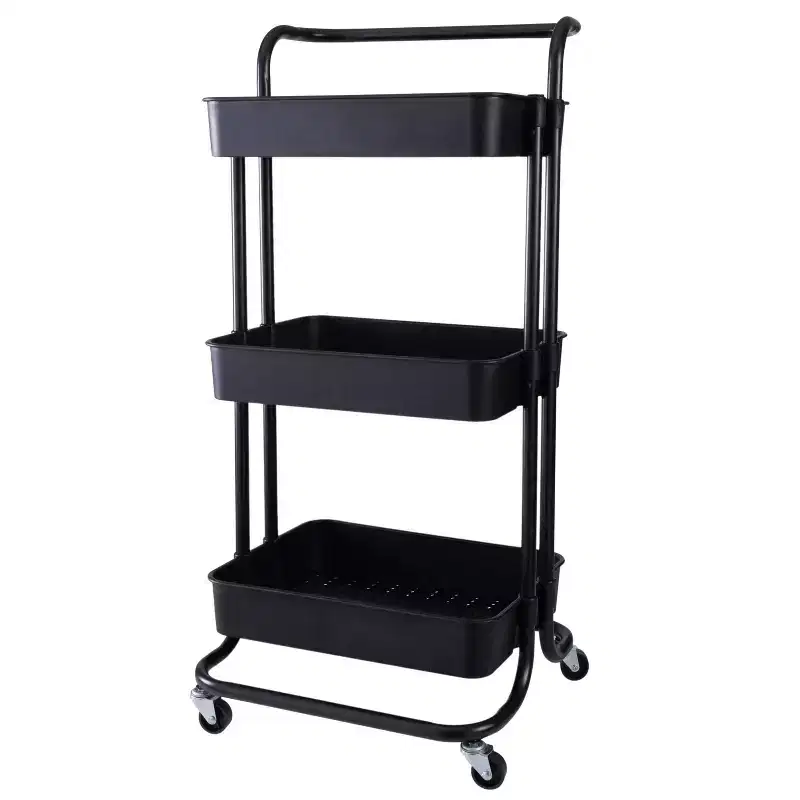 Organize It All 3 Tier Storage Rolling Metal Utility Cart with Basket Wheels Black