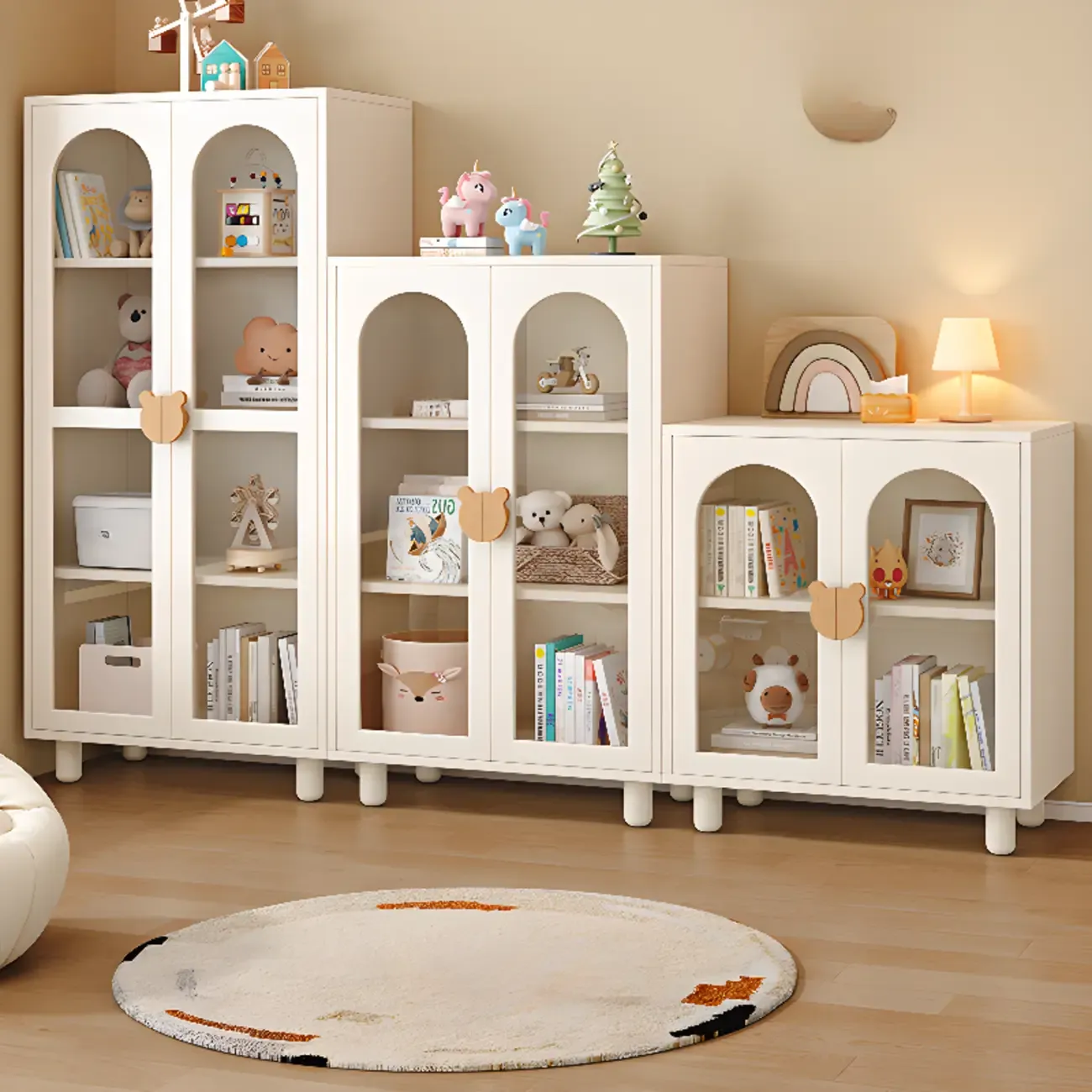 Modern White Short Wood Bookcase with Glass Doors