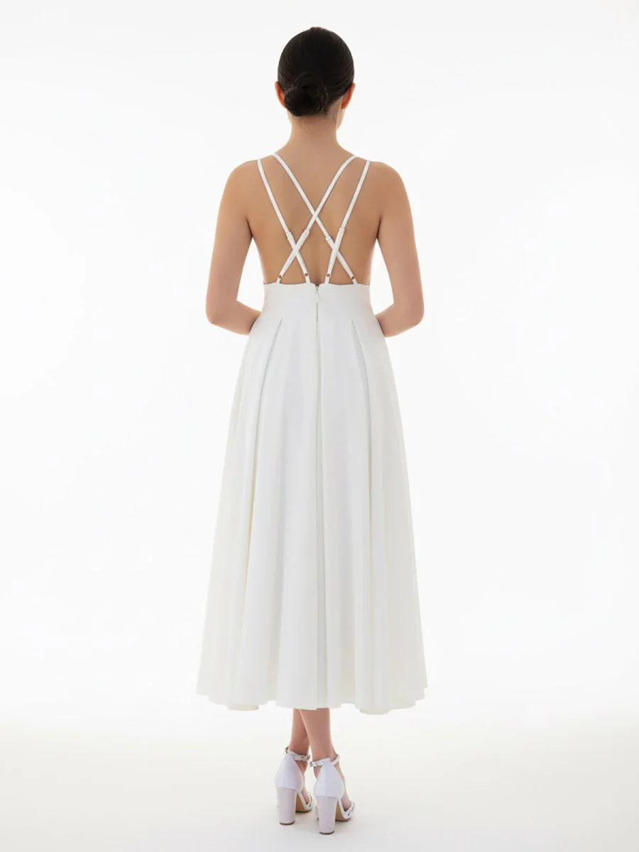 A-Line V-Neck Sleeveless Satin Knee-Length Wedding Dress