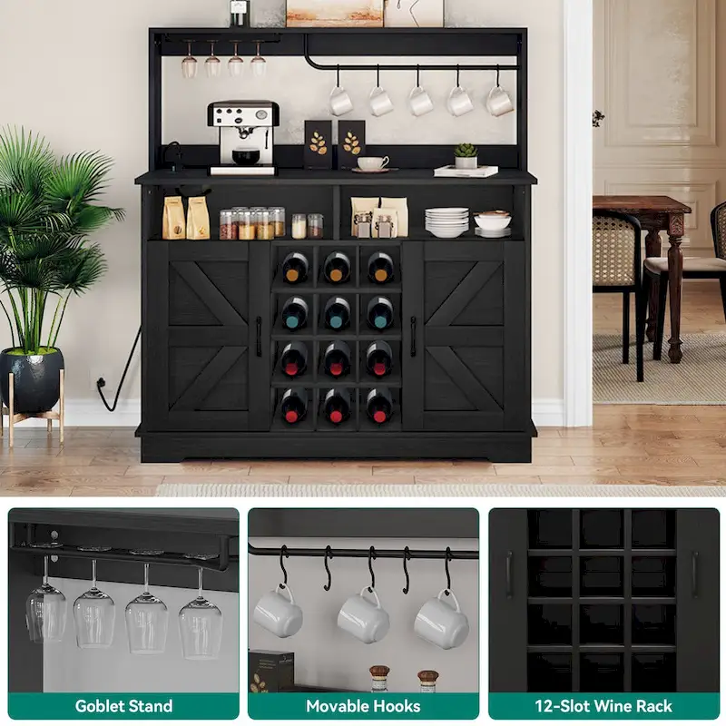 Bar Cabinet with Wine Rack and Power Outlets - 12-Bottle Storage (Black & Grey/White & Wood)