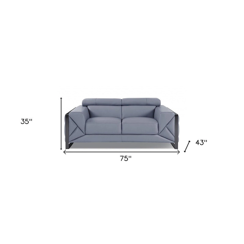 HomeRoots 75 Light Blue And Black Italian Leather Loveseat