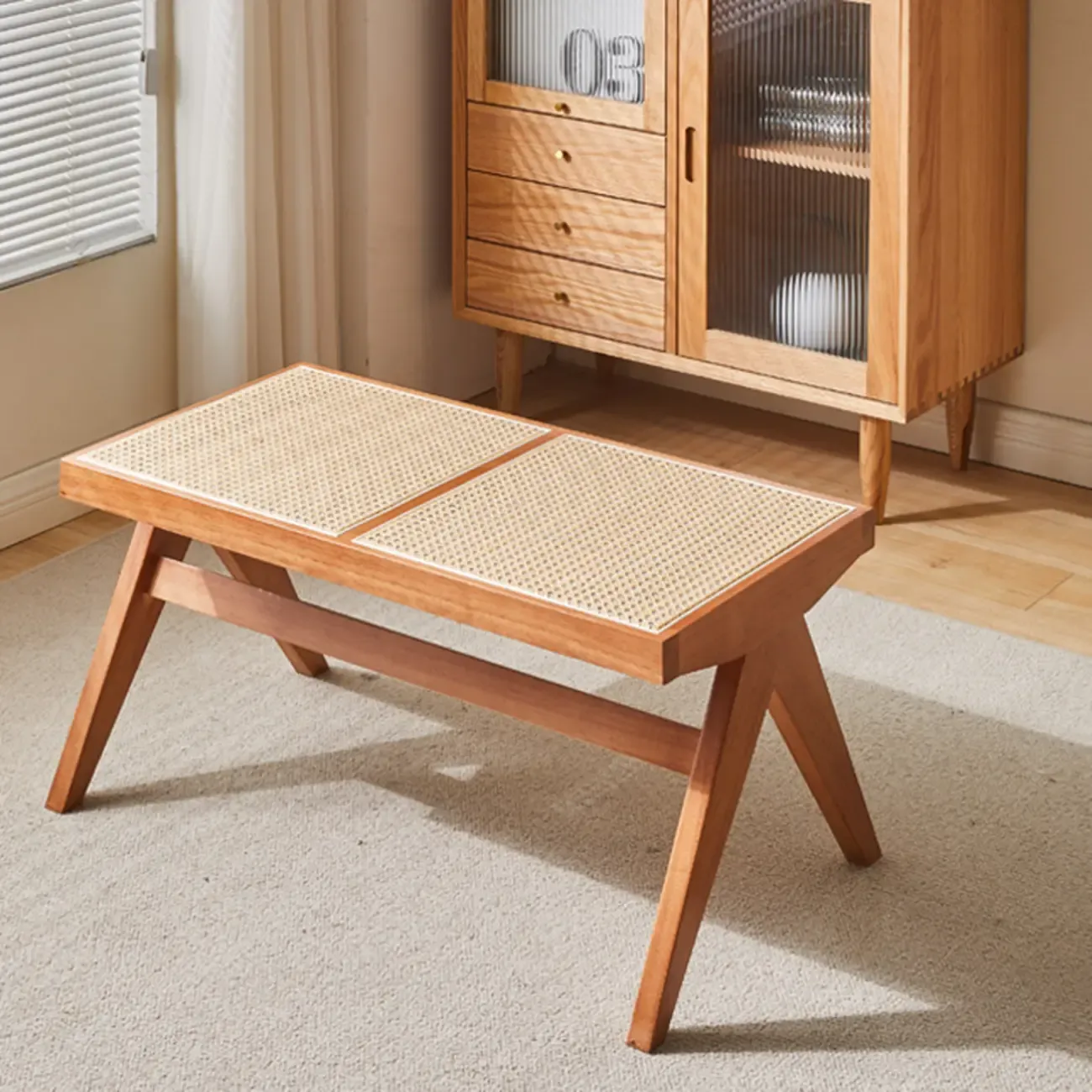 Elegant Rattan Top Finish Wooden Rectangular Cherry Benches