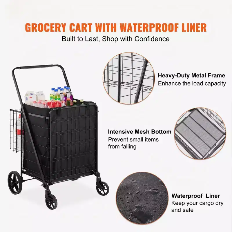 Folding Shopping Cart with Waterproof Liner Dual Baskets and 360 Swivel Wheels 210 lb Capacity