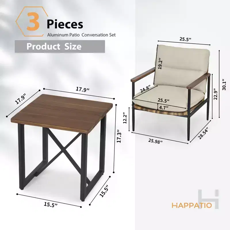 HAPPATIO Outdoor Furniture Set, Patio Aluminum Conversation Set with Wicker Seat and Acacia Wood Armrest, Thick Olefin Cushion