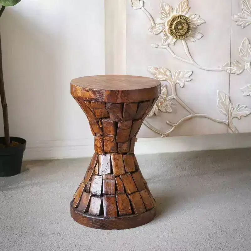 GDFStudio Solara Paulownia Wood Hourglass Round Accent Table with Textured Mosaic Design