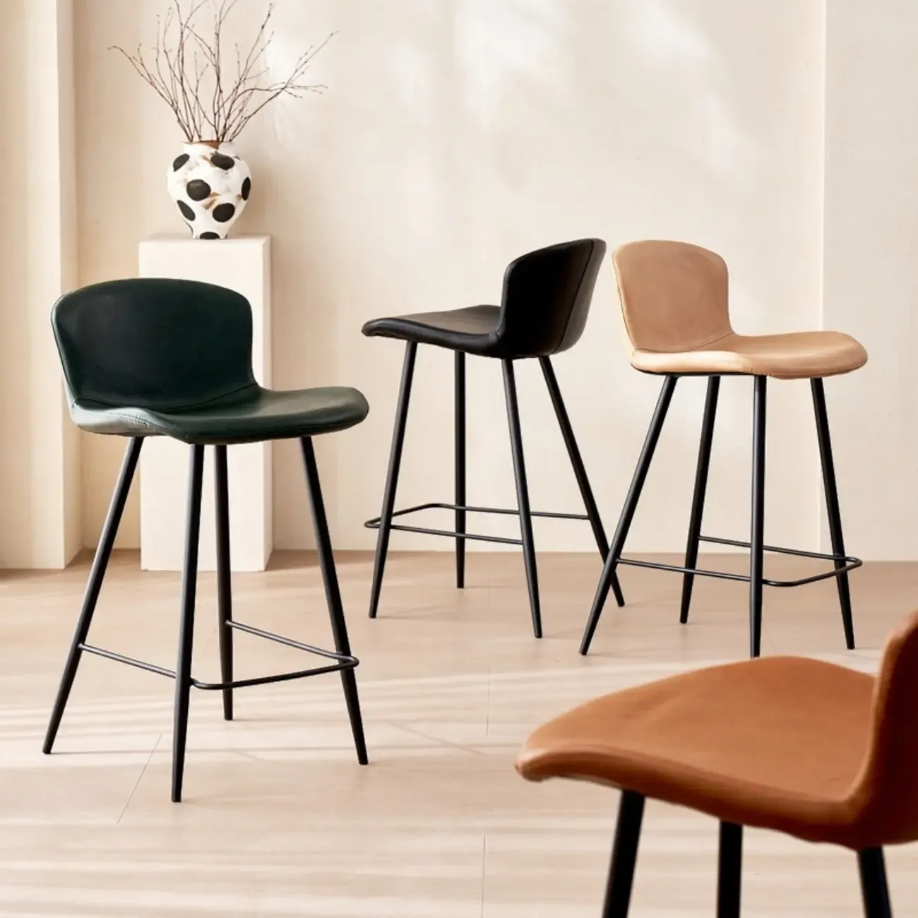 Mid-Century Modern Leather Bucket Bar Stools with Low Back