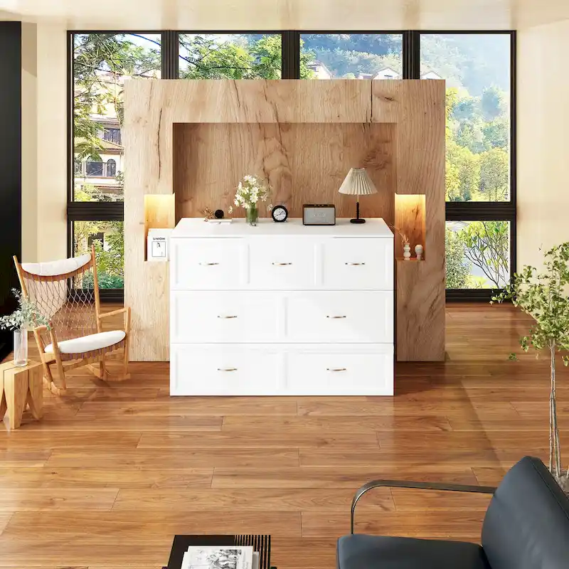 White Full-Size Murphy Bed with Storage Drawers