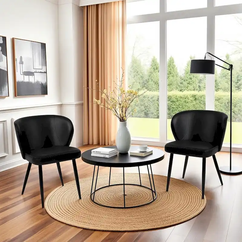 Upholstered Kitchen Chairs with Faux Leather Cushion Seat and Metal Legs, Mid Century, Black,Set of 2