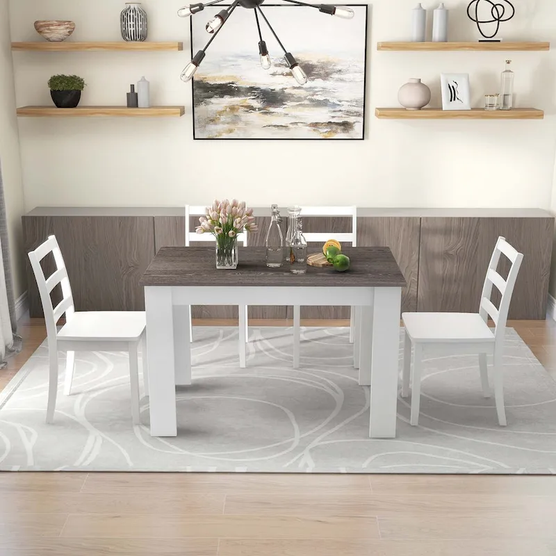 Costway 5 PCS Dining Set Modern Rectangle Table & 4 Rubber Wood Chairs