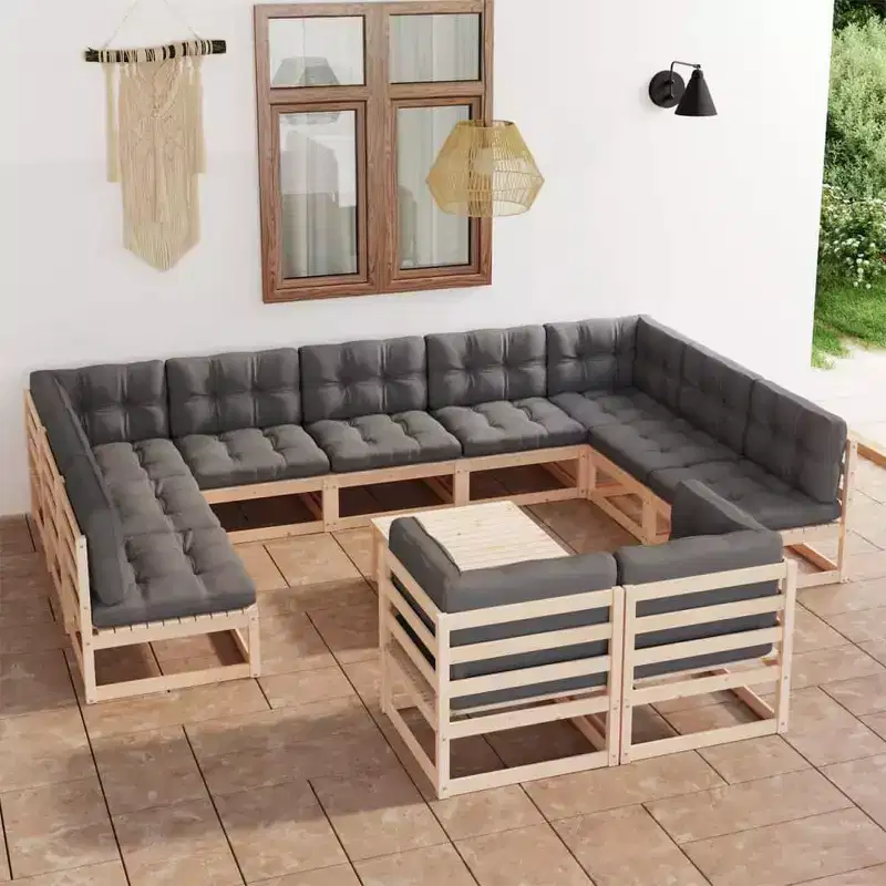 vidaXL Patio Furniture Set 12 Piece Outdoor Sectional Sofa Solid Wood Pine - Natural With Cushions