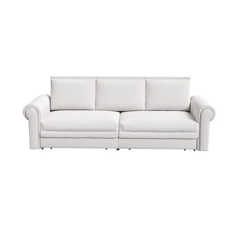 3-in-1 Chesterfield Sofa Bed, King Pull Out Sofa Bed, Velvet/Faux Leather Convertible Sleeper Sofa w/ Nailhead Trim & Rolled Arm