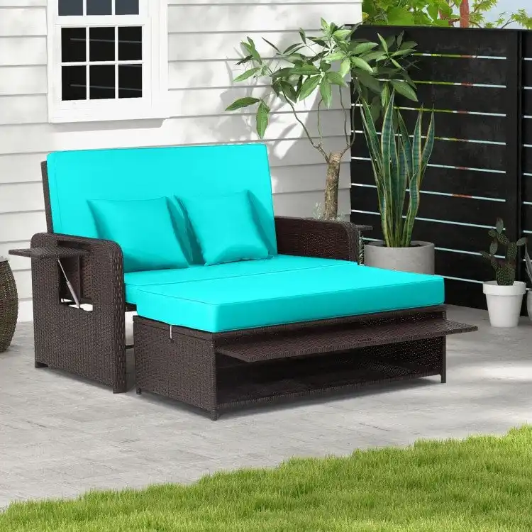 Patio Rattan Daybed with 4-Level Adjustable Backrest and Retractable Side Tray - 31 x 67 x 36