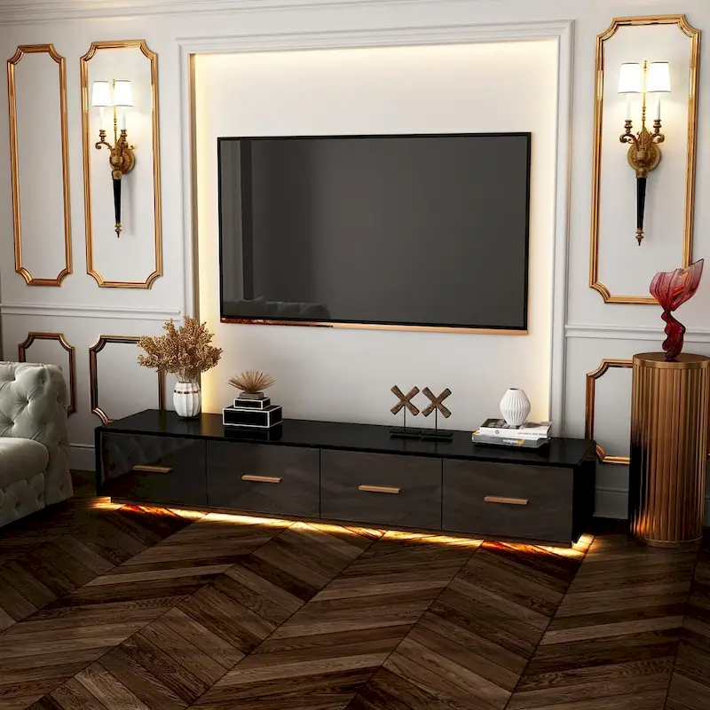 Wall-Mounted Floating TV Console, 3 Drawers, Glossy Finish, Black, 1-Person Use