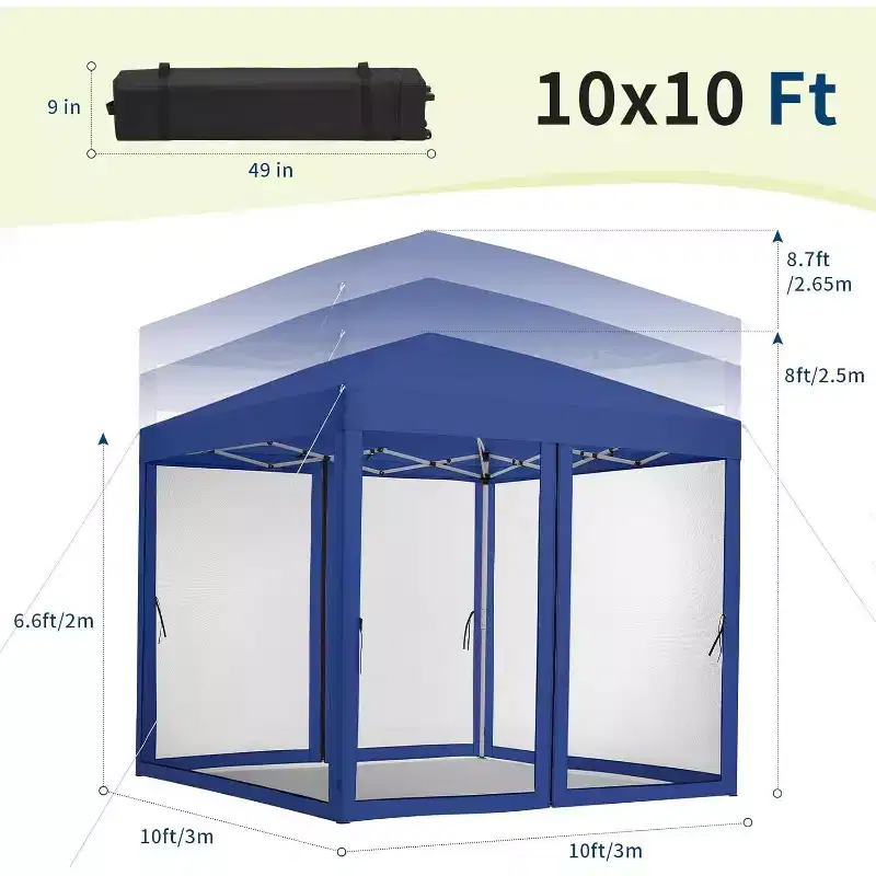 10x10 Ft Pop-Up Gazebo with 4 Adjustable Sides & Mosquito Netting. Includes Wheeled Carry Bag for Patio, Lawn & Camping