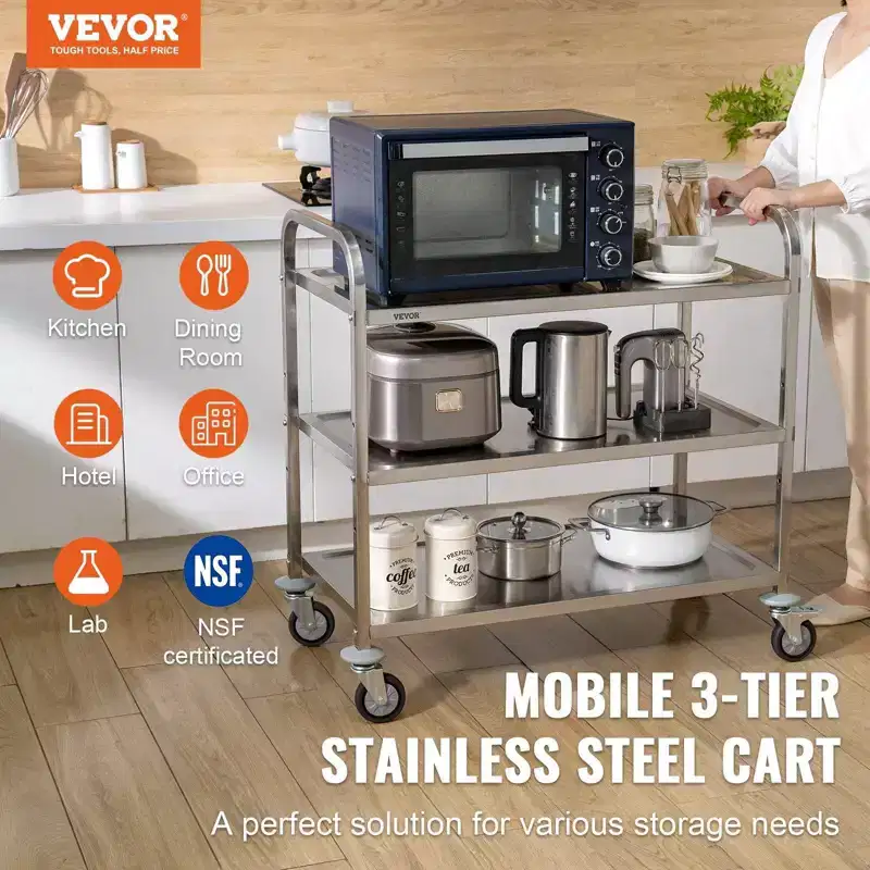 VIYET 3-Tier Wire Rolling Kitchen Utility Cart,450LBS Capacity, 80mm Basket with PP Liner, 6 Hooks & Curved Handle for Indoor Outdoor