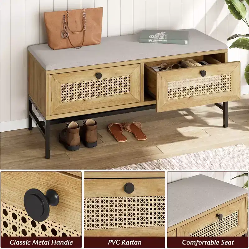 Garvee Rattan Shoe Bench Entryway Bench with Storage Drawer, Wooden Storage Bench with Linen Seat Cushion, for Hallway and Bedroom, Natural Oak