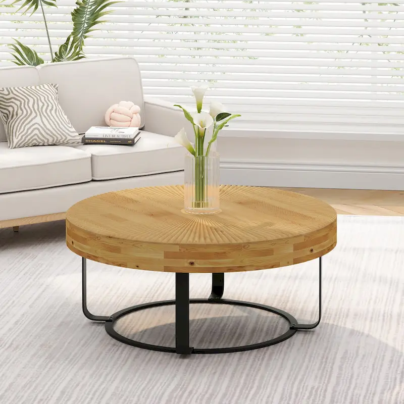 Natural & Black Round Coffee Table, Carved Wood Top, 6-Leg Metal Frame